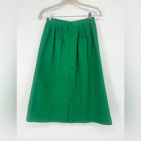 1980s Green Button Front A-line Casual Skirt High Rise Waist With Patch Pockets - Picture 2 of 9